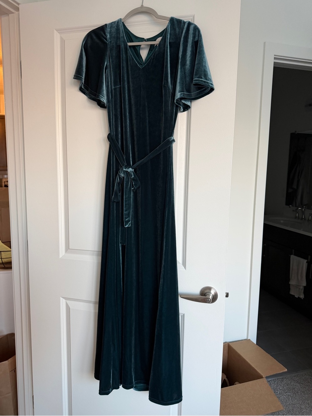 Revelry Teal Velvet Maxi with Tie Waist and Flutter Sleeves